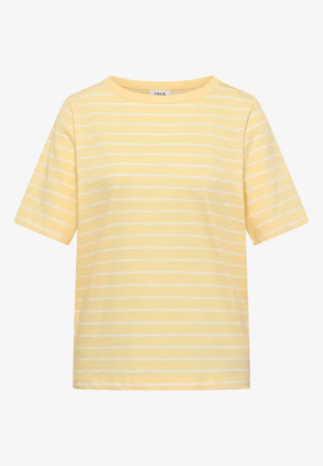 T-shirt jaune à rayures blanches horizontales, col rond, manches courtes.