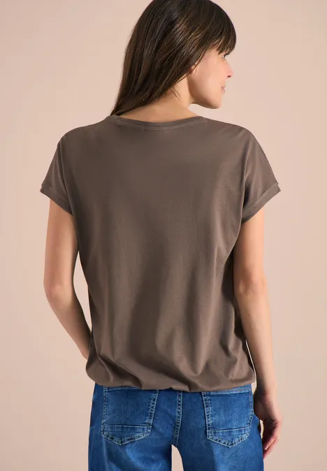 T-shirt avec col en V et détail de dentelle urban taupe
