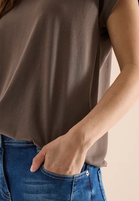 T-shirt avec col en V et détail de dentelle urban taupe