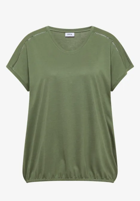 T-Shirt mit V-Neck und Spitzendetail deep matcha green Kurzes grünes T-Shirt mit überschnittenen Ärmeln und elastischem Saum