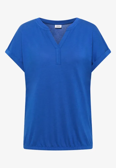 T-shirt femme bleu cobalt à col V, manches courtes et ourlet élastiqué.