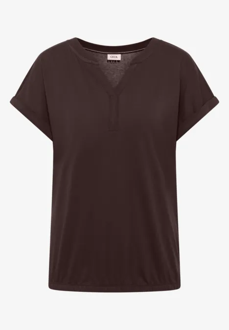 Dunkelbraunes, kurzärmeliges Damen-Shirt mit V-Ausschnitt und lockerer Passform.