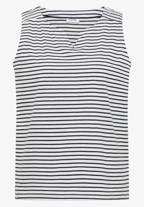 Ärmelloses, weiß-blau gestreiftes Top mit leichtem V-Ausschnitt.
