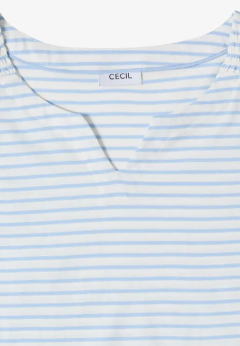 Weiß-blau gestreiftes T-Shirt mit V-Ausschnitt und Markenlabel 'CECIL'