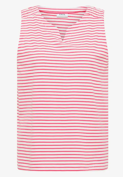 Ärmelloses Top mit weißen und korallfarbenen Streifen und kleinem V-Ausschnitt.