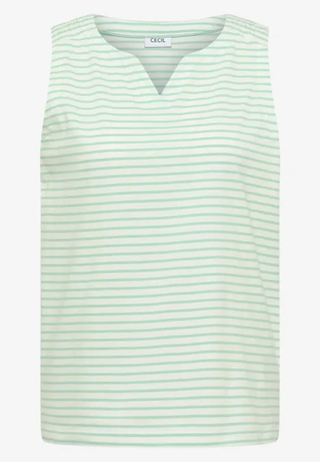 Mouwloos wit topje met fijne groene strepen en V-hals