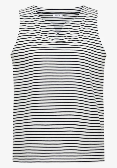 Ärmelloses Damen-Oberteil mit V-Ausschnitt, weiß-schwarz gestreift.