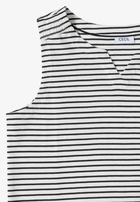 Ärmelloses weißes Top mit schwarzen Streifen und V-Ausschnitt.