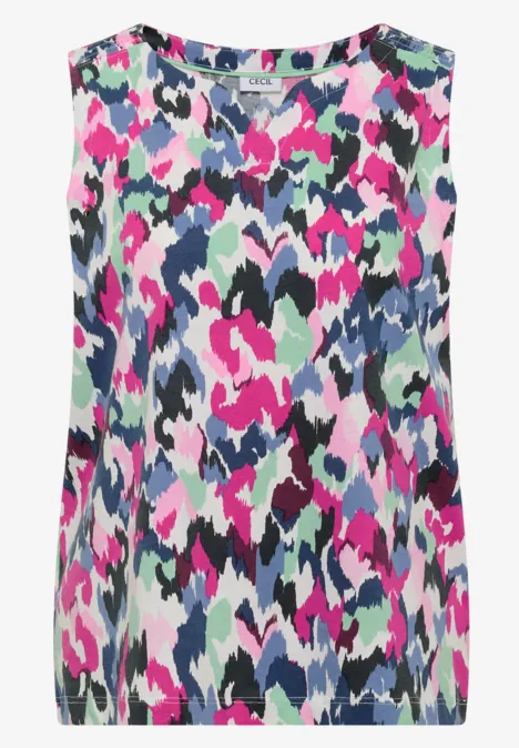 Mouwloze damestop met ronde hals, abstract camouflagepatroon in pink, groen, wit en blauw.