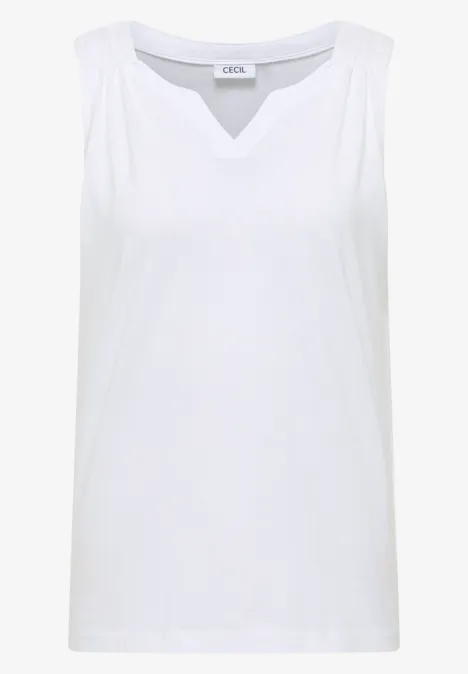 Weißes ärmelloses Damen-Top mit V-Ausschnitt aus leichtem Stoff.