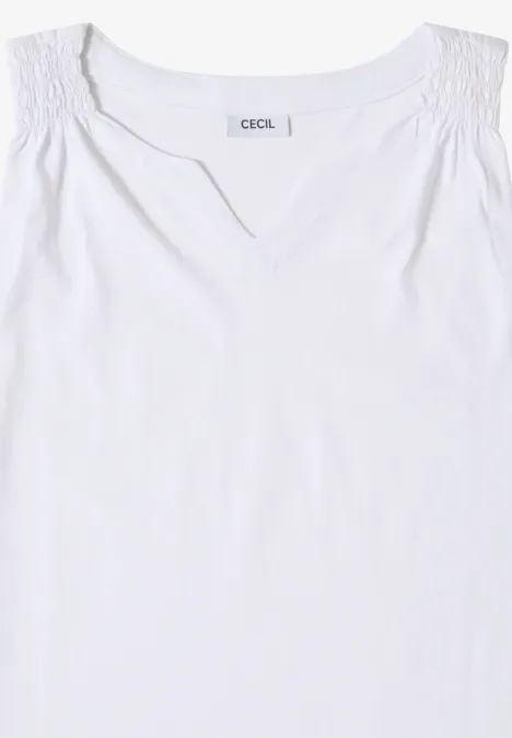 Weißes ärmelloses Top mit V-Ausschnitt und gerafften Schultern.