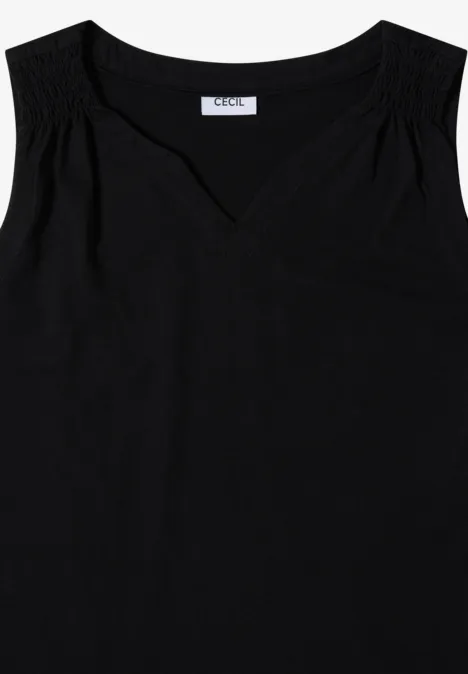 Schwarzes ärmelloses Damen-Top mit V-Ausschnitt und feinen Schulterfalten.