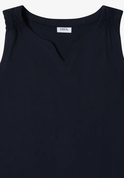 Dunkelblaues ärmelloses Top mit V-Ausschnitt und gerafften Schultern
