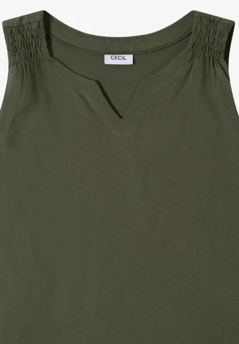 Ärmelloses khaki Damen-Top mit V-Ausschnitt und gerafften Schultern.