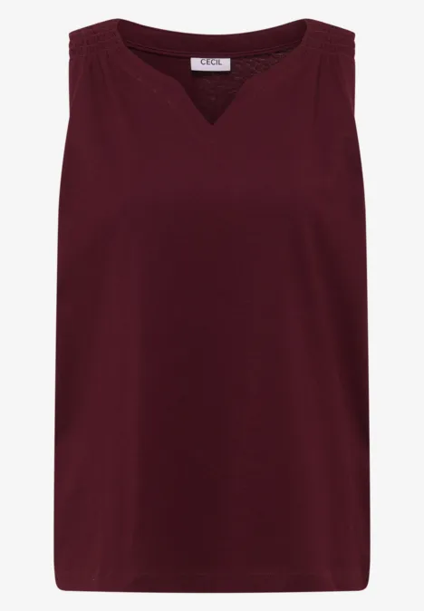 Ärmelloses Top in bordeauxrot mit V-Ausschnitt und geradem Saum.