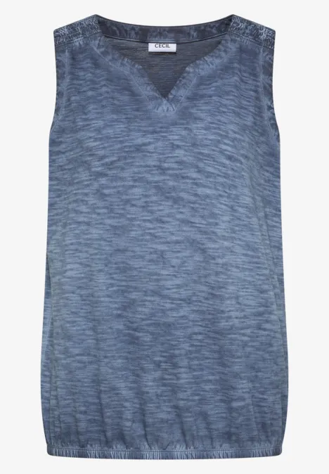 Ärmelloses Stricktop mit V-Ausschnitt in Blaumelange und elastischem Bund.