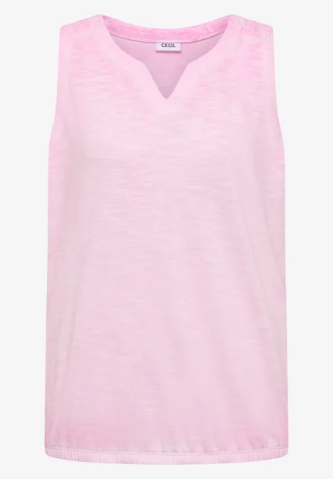 Ärmelloses, hellrosa Top aus leicht meliertem Stoff mit kleinem V-Ausschnitt.