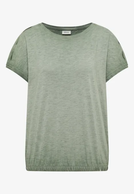Leichtes grünes T-Shirt mit kurzen Ärmeln und Rundhalsausschnitt.