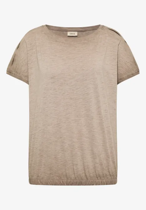 Beige Kurzarmshirt mit rundem Ausschnitt und elastischem Saum, locker geschnitten.