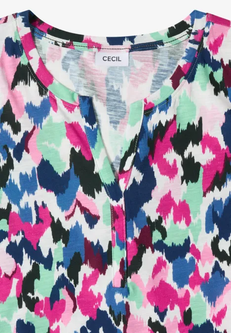 Bunt gemustertes Damenoberteil mit Knopfleiste und Rundhalsausschnitt