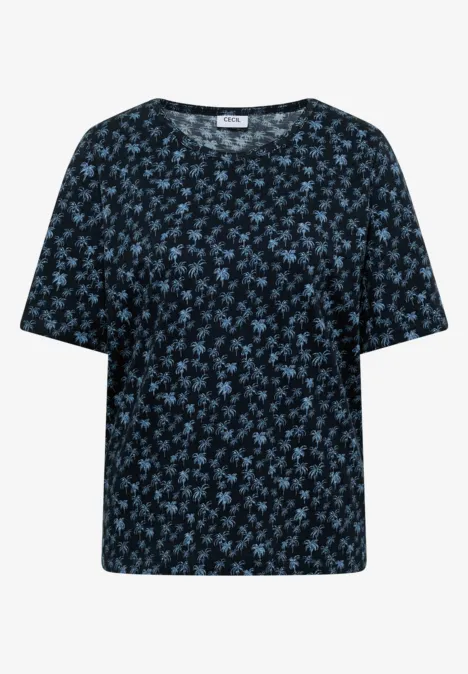 Schwarzes Kurzarmshirt mit zartem hellblauem Blumenmuster.