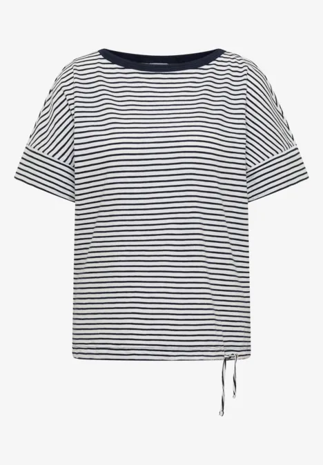 Kurzarm-Shirt mit maritimen Streifen und seitlichem Tunnelzug am Saum