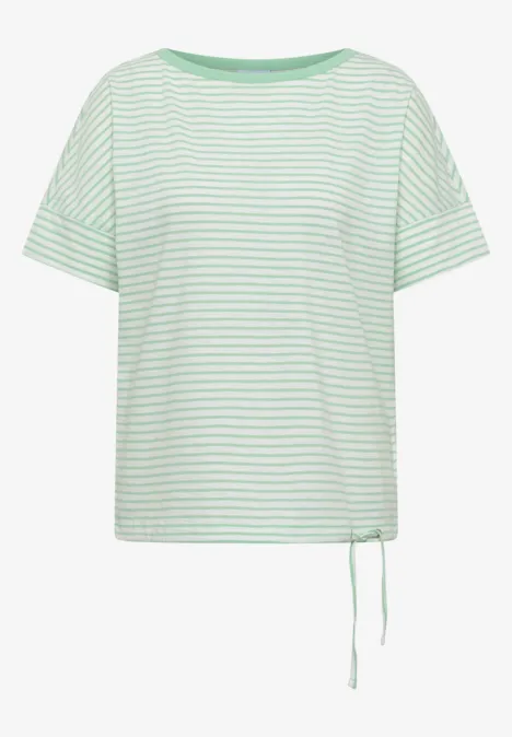 Weiß-grün gestreiftes T-Shirt mit kurzem Arm, weitem Schnitt und Kordelzug am Saum.