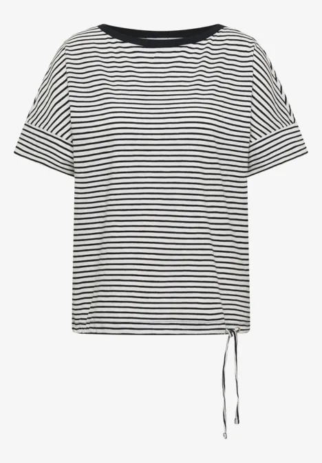 Lässiges Kurzarm-Shirt mit schwarzen und weißen Streifen, weitem Rundhalsausschnitt und seitlicher Kordel am Saum.