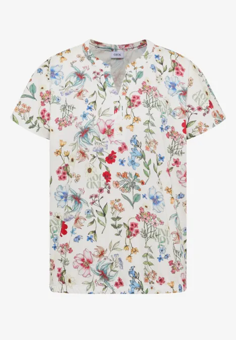 Weißes Damen-T-Shirt mit buntem, filigranem Blumenmuster, V-Ausschnitt und kurzen Ärmeln.