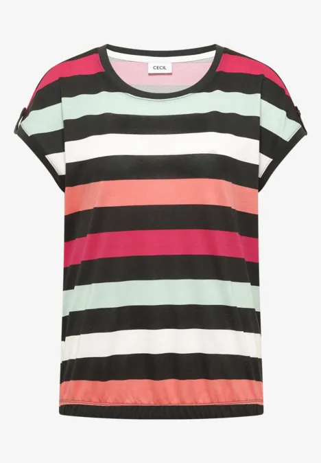 T-shirt à manches courtes avec rayures horizontales colorées en noir, blanc, menthe, corail et rose.
