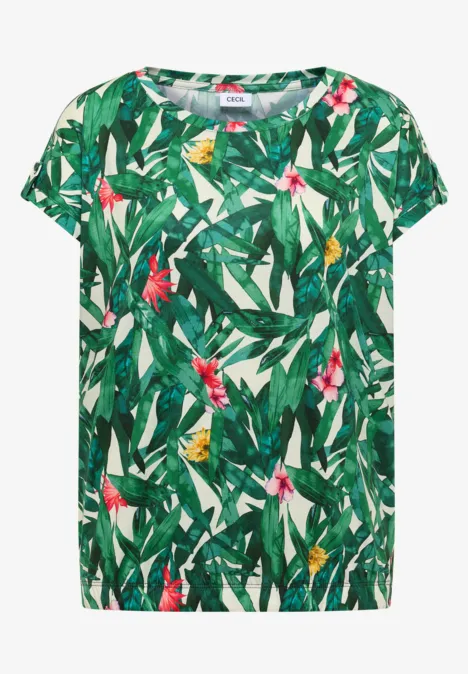 T-Shirt mit kurzen Ärmeln und tropischem Muster aus grünen Blättern und rosa Blumen