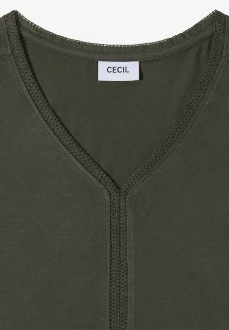 Ärmelloses olivgrünes Top mit V-Ausschnitt und feiner Ziernaht, mit CECIL-Label.