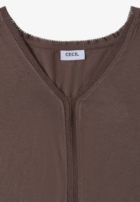 Bruin topje met V-hals, fijne kanten bies en CECIL-label.