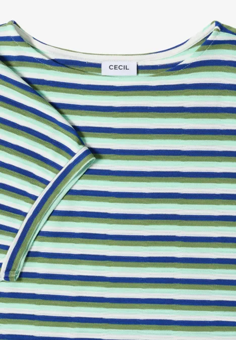 Gestreept shirt met structuur null Een T-shirt met korte mouwen en witte, groene en blauwe strepen.