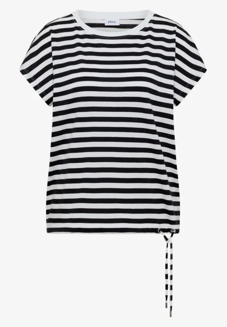T-shirt rayé noir et blanc à manches courtes avec cordon décoratif sur le côté