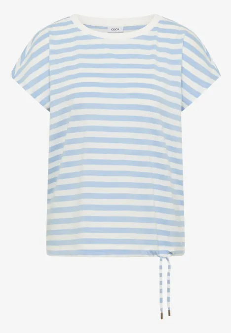 Hellblau-weiß gestreiftes T-Shirt mit Kurzärmeln und Tunnelzug am Saum.