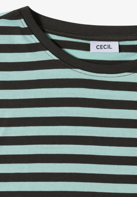 T-shirt w czarne i miętowe paski z okrągłym dekoltem.