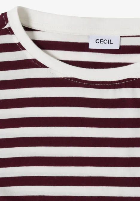 T-shirt rayé blanc et bordeaux, col rond, étiquette 'CECIL'