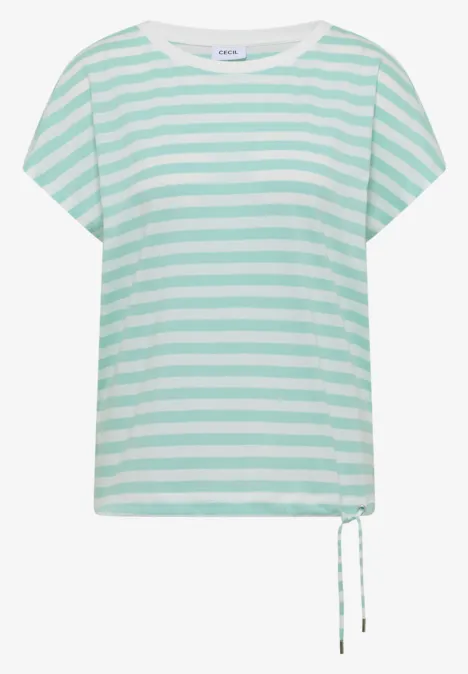 T-shirt manches courtes à rayures vert menthe et blanc, lien coulissant sur le côté de l’ourlet.