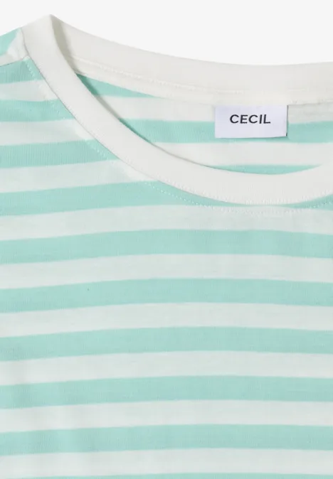 T-shirt à rayures horizontales mint et blanc, col rond, avec étiquette 'CECIL'.