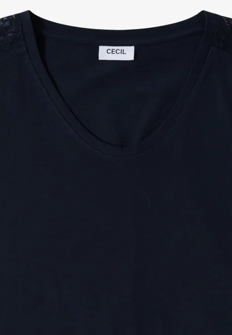 Granatowa koszulka damska z okrągłym dekoltem, koronkowymi wstawkami na ramionach oraz metką CECIL.