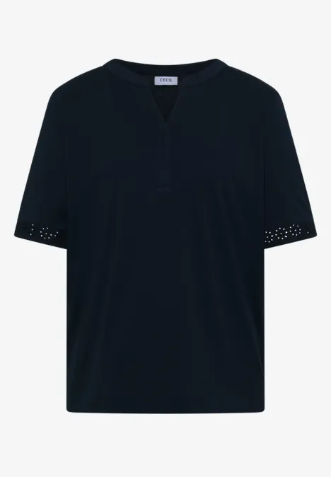 Zwart T-shirt met korte mouwen, V-hals en verfijnde opengewerkte borduursels op de mouwboorden.