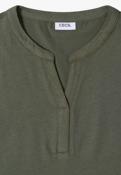 Olivgroen dames-T-shirt met open ronde hals en korte knoopsluiting, merk CECIL.