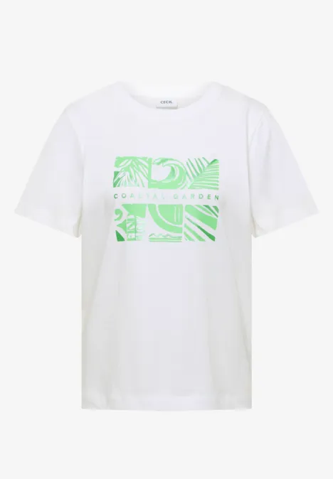 Shirt met ronde hals en frontprint vanilla white Witte T-shirt met groen grafisch blokprint, abstracte lijnen en organische vormen