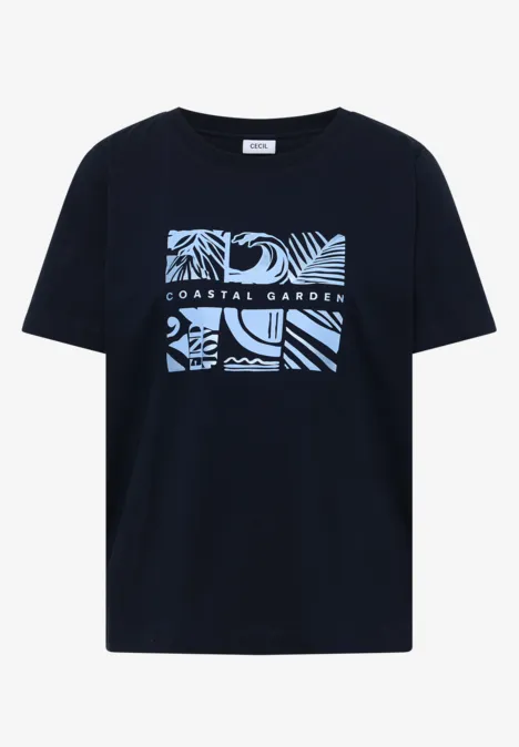 Shirt met ronde hals en frontprint universal blue Zwart T-shirt met lichtblauwe tropische bladprint en opschrift 'Coastal Garden'