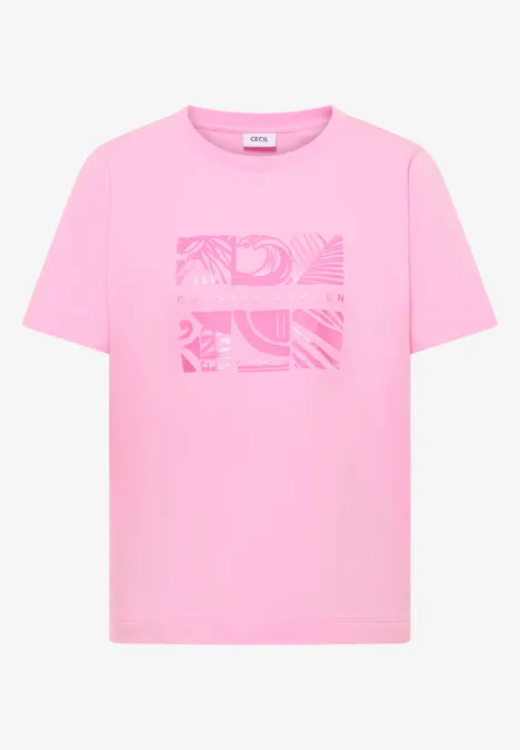 Shirt met ronde hals en frontprint flamingo rose Een roze T-shirt met een voorkantgrafiek verdeeld in vier vierkante patronen.