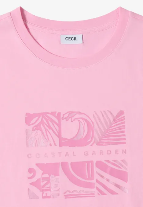 Shirt met ronde hals en frontprint flamingo rose Roze dames T-shirt met ronde hals, label CECIL en graphic Coastal Garden-print in blokvorm.
