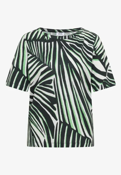 Kurzärmliges T-Shirt mit grün-schwarzem Zebramuster.