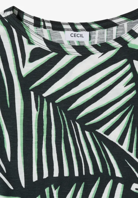 Schwarz-weißes T-Shirt mit grünem Palmenblätter-Print und Rundhalsausschnitt von Cecil.