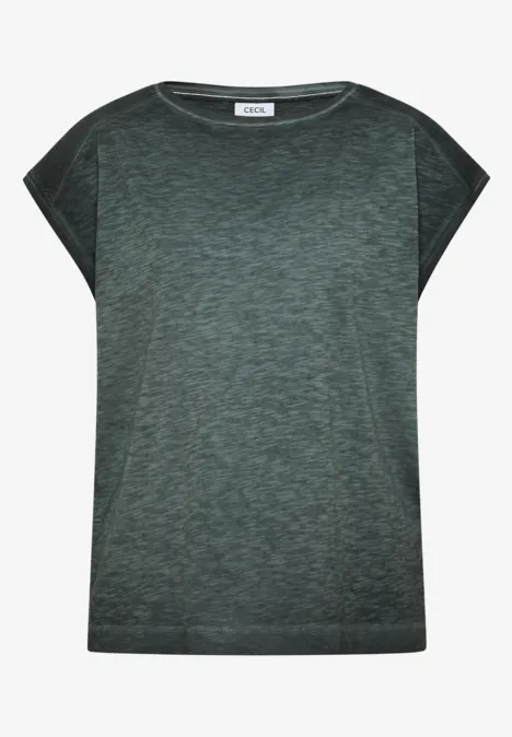 Dunkelgrünes, kurzärmeliges Damen-T-Shirt mit lässigem Schnitt.